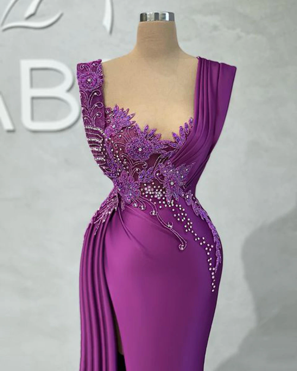 Long Evening Dresses 2022 Sexy High Slit Luxury Beaded Dubai Women Purple Satin Formal Evening Party Gowns robes de soirée,MD6915