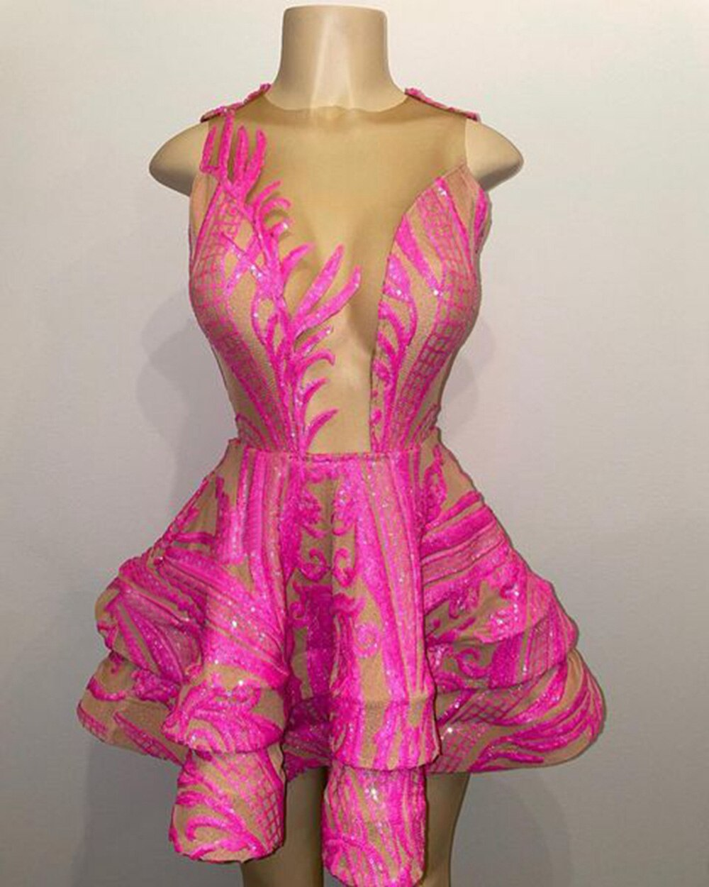 Cute Sheer O-neck Hot Pink Sequin Black Girl Short Prom Dresses 2022 For Birthday Party,MD6969