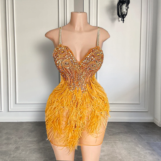 Cute Sparkly Beads Short Prom Dress Sweetheart Women Birthday Party Gold Feather Cocktail Dresses 2022,MD6978