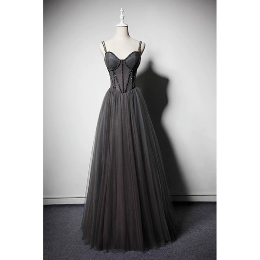 Dark Grey Tulle Straps Long Beaded Party Dress, Grey Long Formal Dresses,MD7019