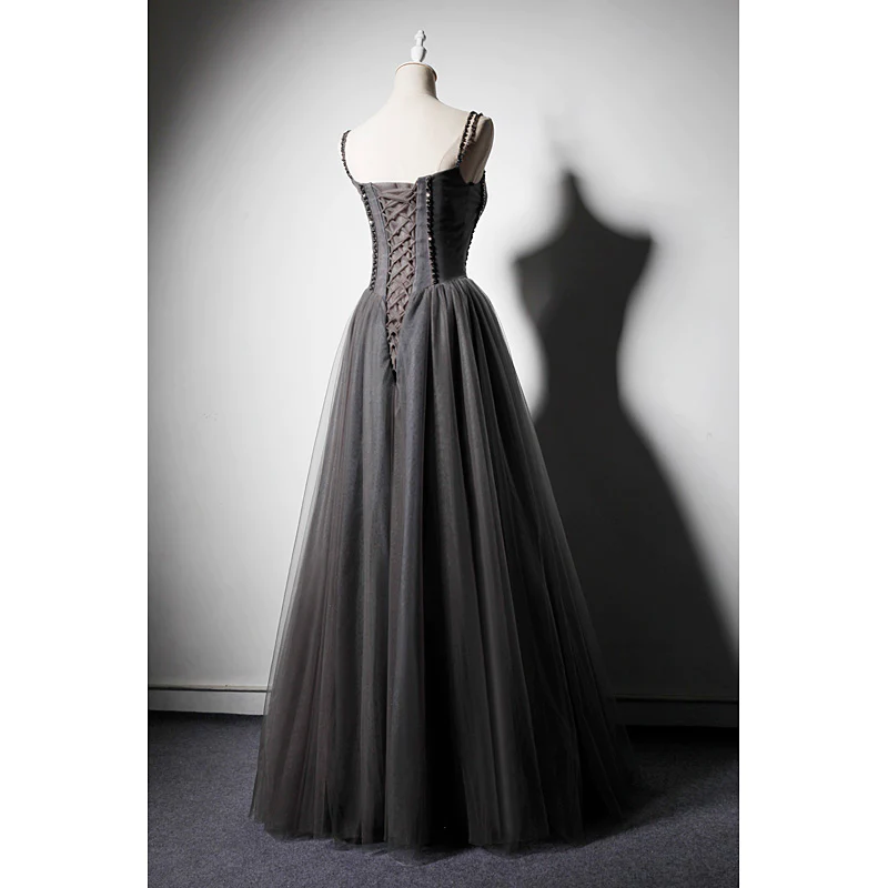 Dark Grey Tulle Straps Long Beaded Party Dress, Grey Long Formal Dresses,MD7019