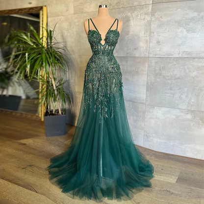 Elegant Green A Line Evening Dress 2022 New Appliques Beaded Long Prom Dresses Lace Up Spaghetti Straps Formal Occasion Gowns,MD7072