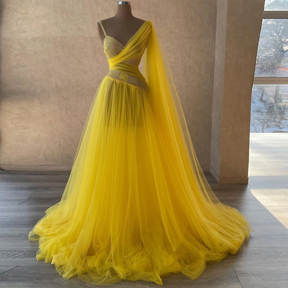 V-neck Prom Dress A-line Tulle Dress Layered Prom Dress Long Sleeve Evening Dresses Yellow Pageant Dress Plus Size Dresses,MD7114