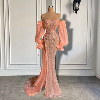 Elegant Long Sleeve Evening Dress Off The Shoulder Sexy High Slit Pink Sequin Dubai Women Evening Party Gowns,MD6965