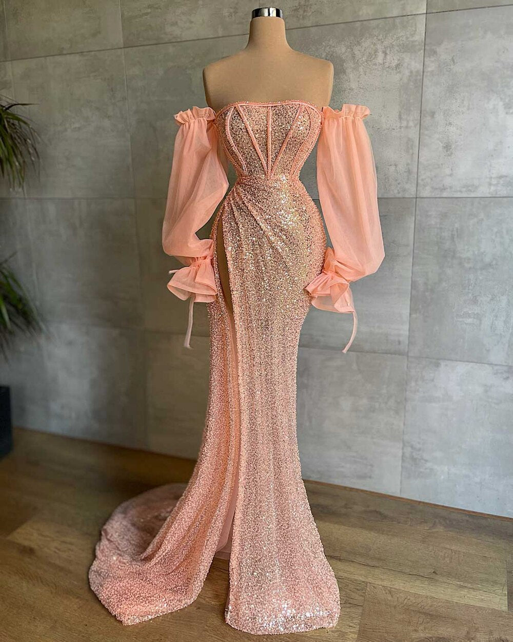 Elegant Long Sleeve Evening Dress Off The Shoulder Sexy High Slit Pink Sequin Dubai Women Evening Party Gowns,MD6965