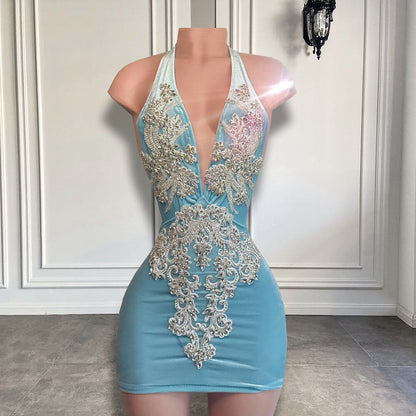 V-neck Sparkly Silver Beaded Women Birthday Party Gowns Short Prom Dress, MD6975