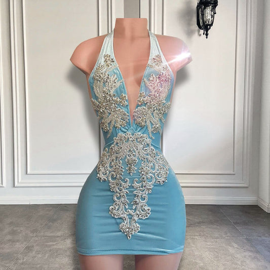 V-neck Sparkly Silver Beaded Women Birthday Party Gowns Short Prom Dress, MD6975