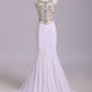 White Mermaid Sleeveless Split Prom Dress with Sequins, Sweep Train Dress with Rhinestones M1511