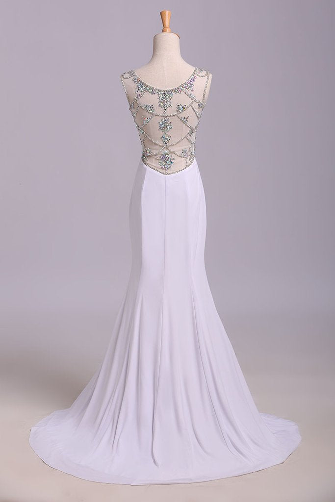 White Mermaid Sleeveless Split Prom Dress with Sequins, Sweep Train Dress with Rhinestones M1511