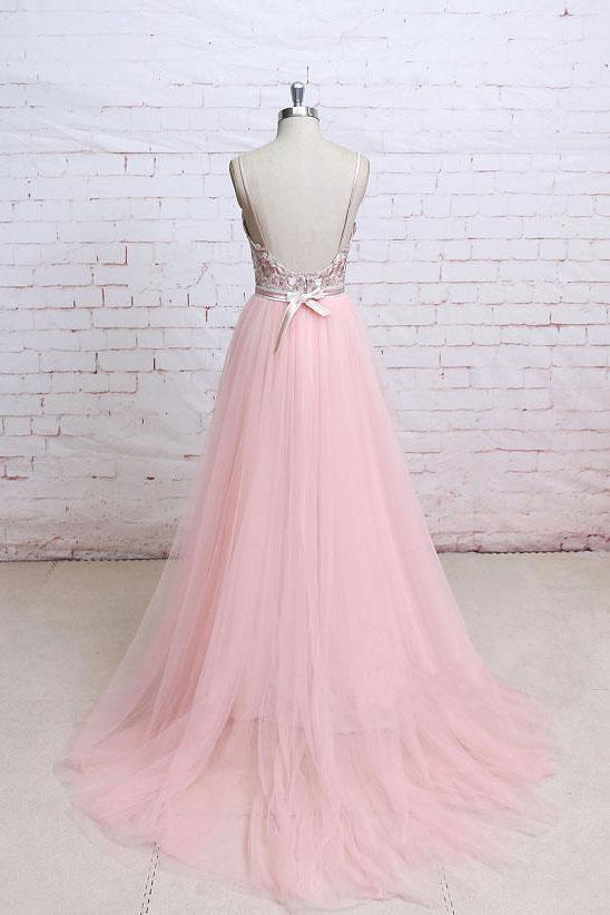 Spaghetti Straps Pink Lace Flora Tulle Sweetheart Backless Wedding Dress,Prom Dress M1406