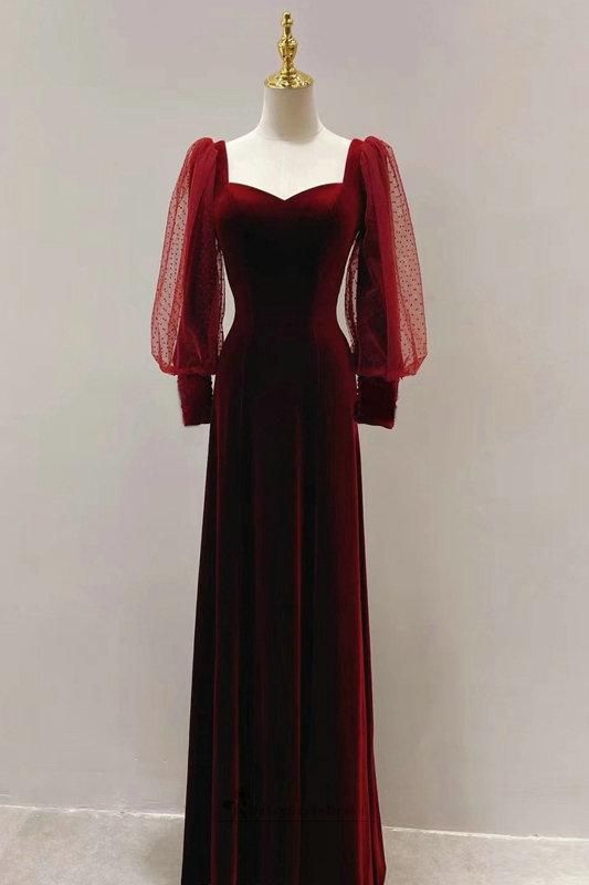 Modest Long Sleeve Deep Red Velvet Evening Dress,MD6879