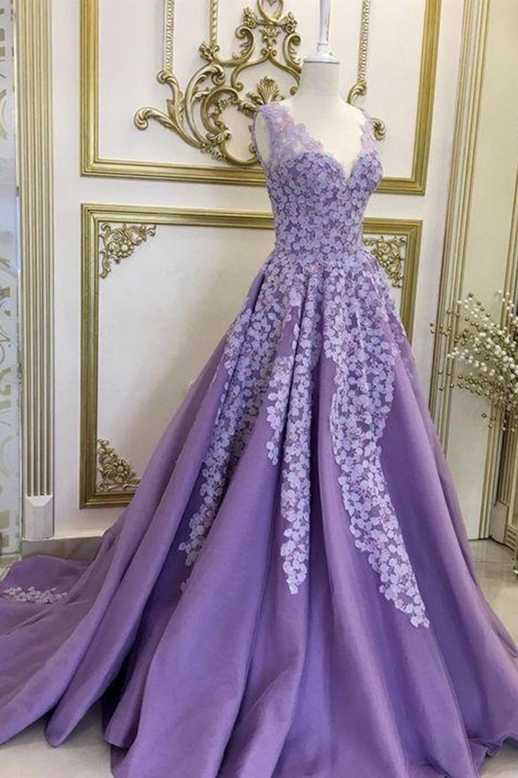 A Line V Neck Purple Long Prom Dresses with Lace Appliques, V Neck Purple Formal Evening Dresses,MD7157
