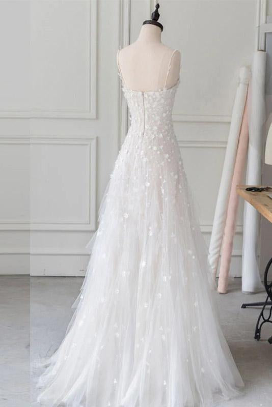 White Spaghetti Straps Lace Tulle Evening Dress, Floor Length Prom Dress with Beads  M1804