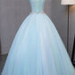 Sky Blue Tulle Princess Off Shoulder Long Prom Dress, Quinceanera Dressses with Flowers M1763