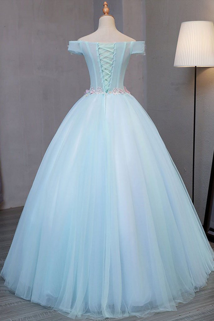 Sky Blue Tulle Princess Off Shoulder Long Prom Dress, Quinceanera Dressses with Flowers M1763