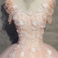 Light Peach Tulle Long Prom Dress with Flowers, Princess Ball Gown Sheer Neck Party Dress M1807