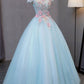 Sky Blue Tulle Princess Off Shoulder Long Prom Dress, Quinceanera Dressses with Flowers M1763