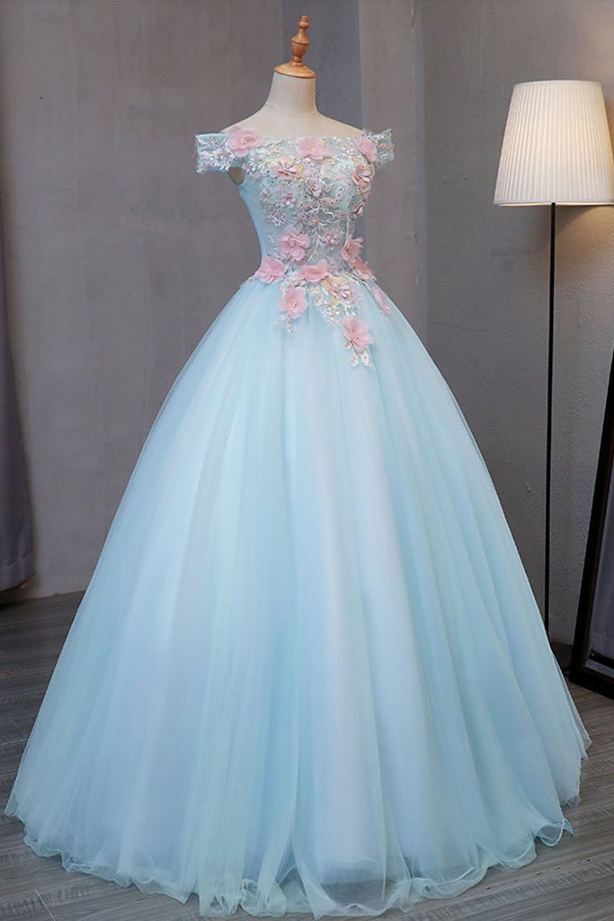 Sky Blue Tulle Princess Off Shoulder Long Prom Dress, Quinceanera Dressses with Flowers M1763