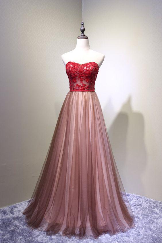 Cheap A Line Sweetheart Tulle Long Prom Dresses, Floor Length Graduation Dress with Lace M1731