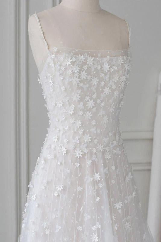 White Spaghetti Straps Lace Tulle Evening Dress, Floor Length Prom Dress with Beads  M1804