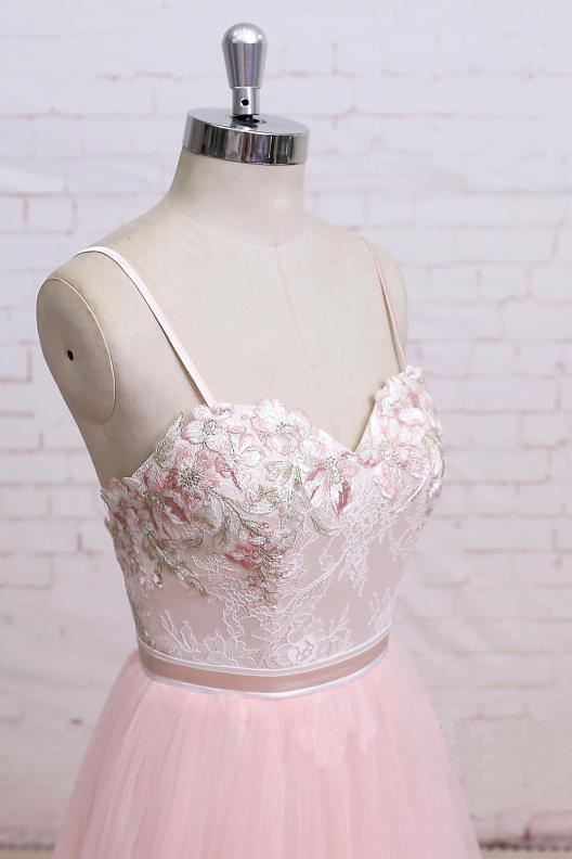 Spaghetti Straps Pink Lace Flora Tulle Sweetheart Backless Wedding Dress,Prom Dress M1406