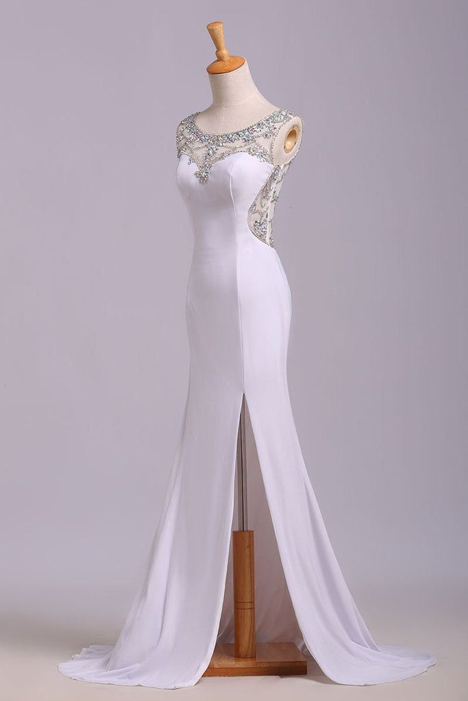 White Mermaid Sleeveless Split Prom Dress with Sequins, Sweep Train Dress with Rhinestones M1511