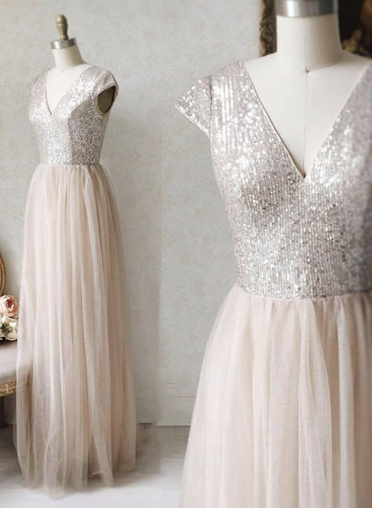 A line v neck tulle sequins long prom dress evening dress M2298